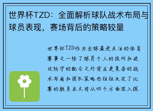 世界杯TZD：全面解析球队战术布局与球员表现，赛场背后的策略较量